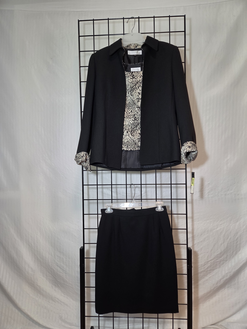 Tahari Black Blazer and Skirt Two-Piece Set with Printed Lining